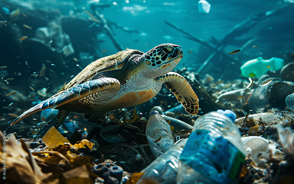 Turtele, surroundet by plastic