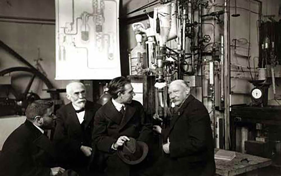 The Cryogenics Laboratory in Leiden, 1919. From left: Paul Ehrenfest, Hendrik Lorentz, 1922 Nobel Laureate in Physics Niels Bohr and 1913 Nobel Laureate in Physics Heike Kamerlingh Onnes. 